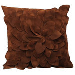 Giftcraft - Brown Flower Petal Throw Pillow - This unique pillow is made of 100% polyester velour.  It has a flower design on the front with individual petals layered on top of each other.  There is a zipper on one side for easy removal of the outside cover.  Spot cleaning is recommended.  The throw pillow measures 18” square and the rich brown color blends well with many color schemes and the added texture brings life to your sofa or chair.  This pillow comes with the pillow cover as well as a soft, polyester fiber filled pillow.