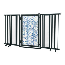 Fusion Gates - Fusion Gate with Chevron Trail in Blue Design, Black, 65"-71.4" - Dog Gates