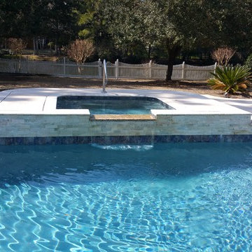 After...LunaQuartz Bermuda, Travertine Coping, Natural Stone Waterfall