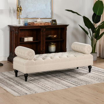 Lewis 60" Tufted Bolster Arm Entryway Bench, Sky Neutral Beige Polyester