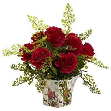 Rose and Maiden Hair Floral Planter, Red