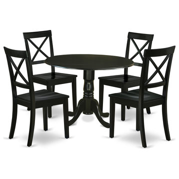 5Pc Rounded 42" Table, Two 9-Inch Drop Leaves And Four Wood Seat Dining Chairs