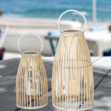 Key West Bamboo Hurricane Lanterns, Set of 2, White Metal Frame