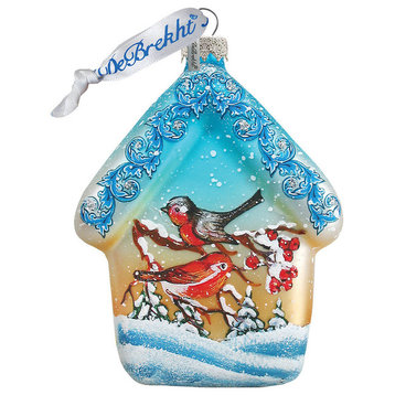 Hand Painted Scenic Glass Ornament Red Robin House