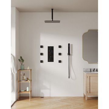 Thermostatic 12 in.Rainfall Shower Faucet and Dual Shower Heads with Body Jets, Matte Black