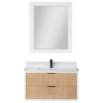 Dione Vanity With Aosta White Countertop, Weathered Pine, 36", With Mirror