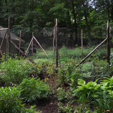 Natural cedar posts complement this wooded setting. Layers of plantings in front