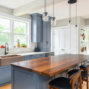 Blue Paint and Walnut Kitchen - Auburndale, MA