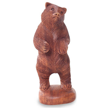 NOVICA Inquisitive Brown Bear And Wood Statuette