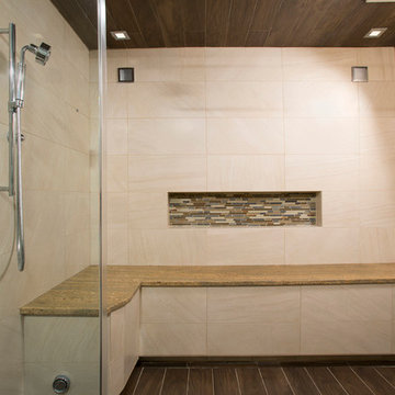 Shower with Warming Bench and Linear Drain