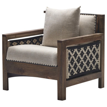 Unique Boho Chic Accent Chair With Throw Pillow Dark Wash Wood Base