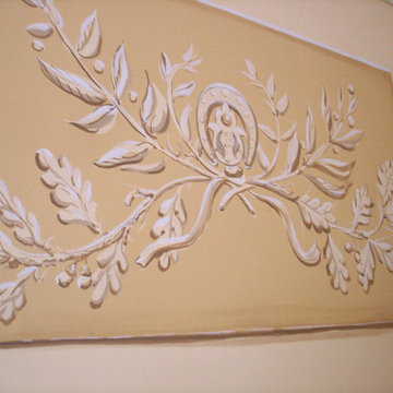 Living room. Mill work. Custom mural. Stencil.