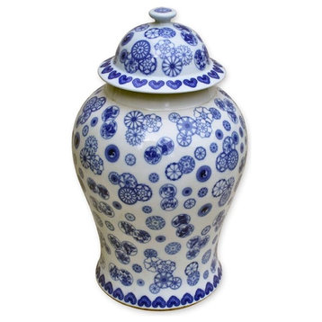 Blue and White Large Porcelain Ball Flower Motif, Temple Jar Ginger Jar, 18"