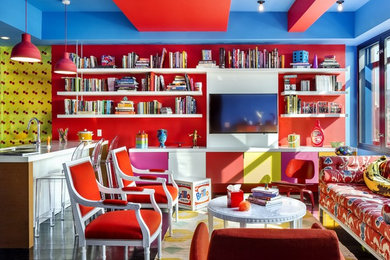 Inspiration for a modern family room remodel in New York with multicolored walls