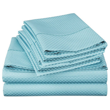 Checkered Collection Embossed 4 Piece Set, 1800 Series Bed Sheets, Blue, Queen