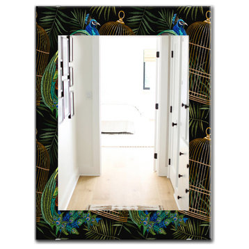 Designart Tails of Peacocks And Birds Cage Farmhouse Frameless Wall Mirror, 24x3