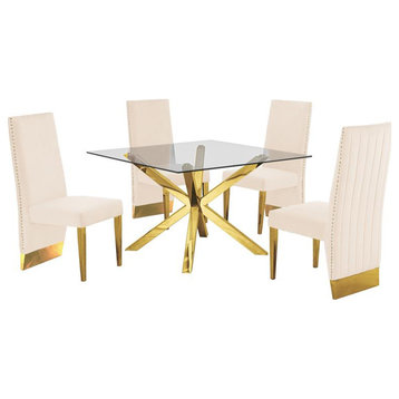 Square 47" x 47" Clear Glass 5pc Dining Set with Gold Stainless Steel