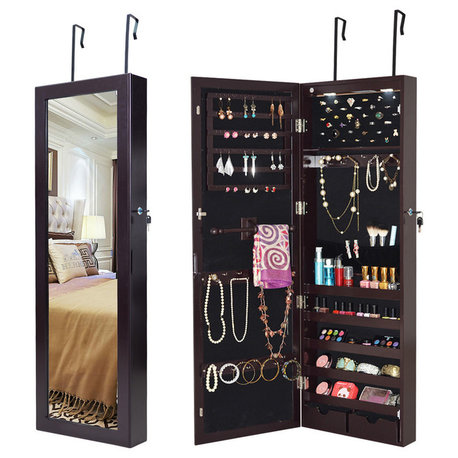Costway Lockable Wall Mount Mirrored Jewelry Cabinet Organizer w/ LED Lights