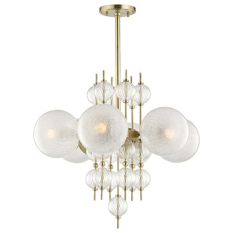 Calypso 6-Light Chandelier, Aged Brass Finish, Crackel Matte Glass Shade