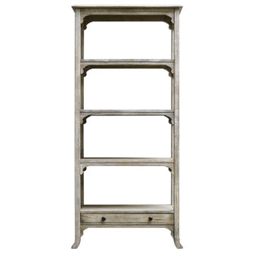 Cottage Aged White Solid Wood Etagere, Standing Book Shelves Ivory Farmhouse