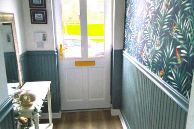 Modelo de entrada pequeña con paredes multicolor, suelo laminado, puerta simple y machihembrado