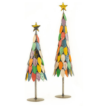 Layered 2-Piece Set Recycled Metal Christmas Tree Sculpture Round Base Star