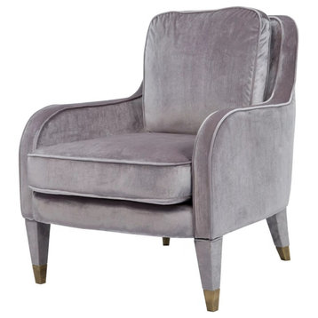 Transitional Accent Chair, Padded Velvet Fabric Seat With Piping Details, Gray