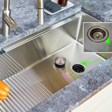 Large undermount workstation kitchen sink with rollmat and Seamless Drain