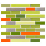 Susan Jablon Mosaics - 12"x12" Steel Bamboo With Orange Tile, Full Sheet - 11 different glass and metal tiles in shades of green, silver and orange are combined to form this custom mosaic blend we will make by hand for you in our studios in upstate New York.