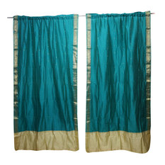 Mogul Interior - 2 Indian Silk Sari Curtains Door Drape Panel Teal Blue Wedding Home Decoration - Curtains