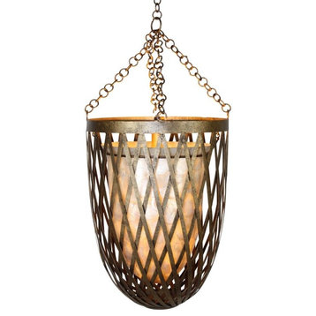 Luxe Gold Cage Pendant Hanging Light, Chandelier Lattice Capiz Shell