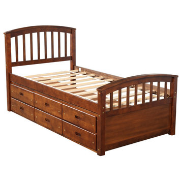 Twin Solid Wood Frame Platform Bed with 6 Drawers , Walnut