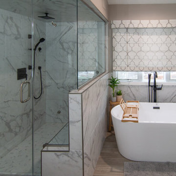 Traditional Master Bathroom With Warm Tones, Stand Alone Tub & Walk In Shower