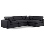 Meridian Furniture - Comfy Upholstered L-Shaped Modular Sectional, Black, 4-Piece: 2 Armless Chair, 2 Corner Chair, Linen Textured Fabric - Give your space a whole new look with this black Comfy linen textured fabric sectional. This handsome sectional fits nicely with other items in the Comfy collection and is a versatile seating option designed for adaptability, comfort and style. Wrapped in rich black durable linen textured fabric upholstery, this sectional offers a plush embrace of overstuffed down feather cushions, carefully crafted to deliver the highest level of comfort. The perfect seat for creating an oasis for relaxation, this sectional has thick foam surrounding its frame for added support and coziness.