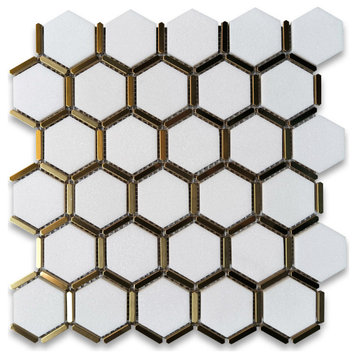 Thassos White Marble 2 inch Hexagon Mosaic Tile Brass Strips Polished, 1 sheet