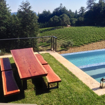 redwood dining table and benches