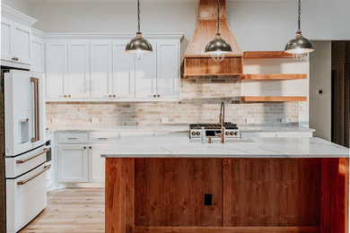 Example of a transitional vinyl floor kitchen design in Houston with porcelain backsplash