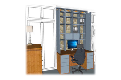 Ejemplo de despacho pequeño con suelo de madera clara y escritorio empotrado