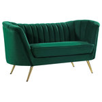 Meridian Furniture - Margo Velvet Upholstered Set, Green, Loveseat - Lean back and lounge in luxurious style on this stunning Margo green velvet loveseat by Meridian Furniture. This contemporary loveseat features plush velvet upholstery that is both classy and sumptuous against your skin, a single seat cushion and rounded arms that curve into a low, rounded back, creating a perfect, modern piece for your home. Gold stainless steel legs support this loveseat and provide stunning contrast to the loveseat's plush, green fabric.