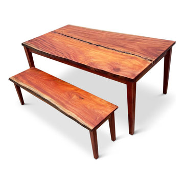 Custom African Mahogany Dining Table and 2 Benches