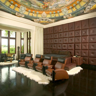 Example of an eclectic black floor home theater design in Detroit