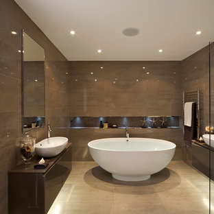 Large Trendy Master Ceramic Tile And Brown Tile Ceramic Floor And Beige Floor Bathroom Photo In