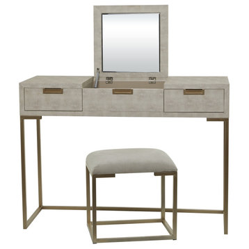 Contemporary Vanity Set, Top With Flip Up Mirror & Cushioned Stool, Light Gray