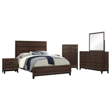 Asheville 6-Piece Modern Panel Bedroom Set, Brown, King
