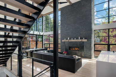 Family room - large modern open concept light wood floor and brown floor family room idea in Other with gray walls, a standard fireplace, a metal fireplace and no tv