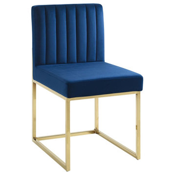 Chi Velvet Dining Chair, Channel Tufted Side Chair, Glam Gold Guest Chair, Blue