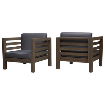 Louise Outdoor Acacia Wood Club Chairs With Cushions, Set of 2, Dark Gray