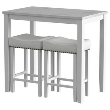3 Pieces Pub Dining Set, Faux Marble Tabletop With 2 Backless Stools, Gray/White
