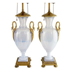 Pair of French/Russian Ormolu Mounted Opalescent Glass Urn Table Lamps - Products
