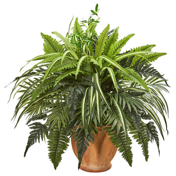 23" Mixed Greens and Fern Artificial Plant in Terra Cotta Planter